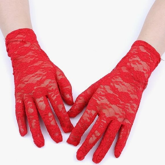 💜Red Floral Lace Short Tea Gloves - Picture 1 of 2